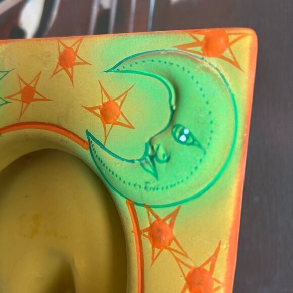 Vtg Mexican Folk Art Pottery Picture Frame Sun Moon Celestial Face Green Blue - Picture 13 of 16